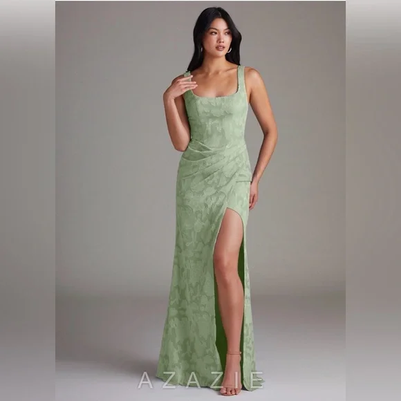 Azazie Mero Dusty Sage Sheath Pleated Floral Burnout Dress Size A6 - Picture 1 of 3